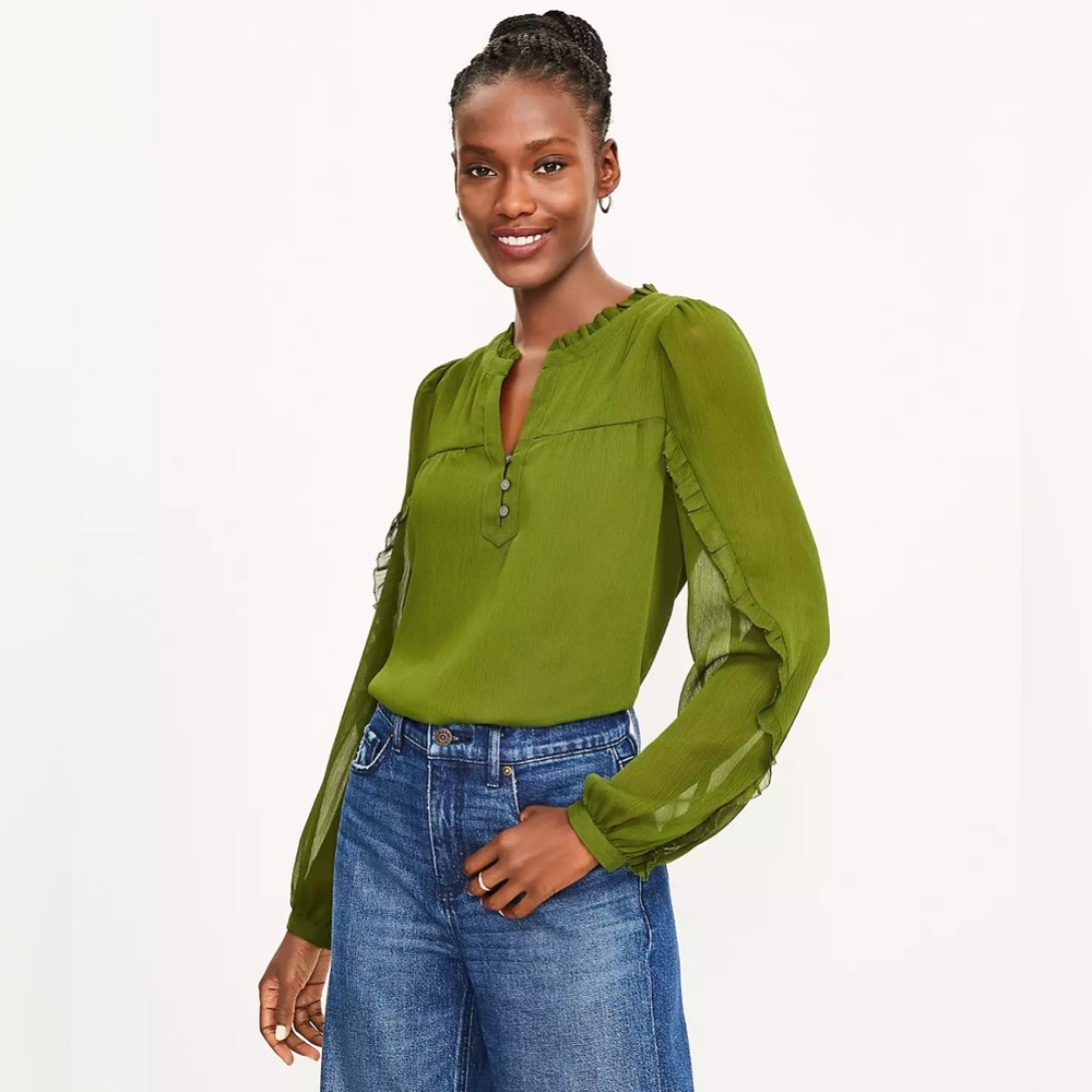 NWT LOFT Ruffle Long Sleeve Blouse Basil Grove size Large Style #597132